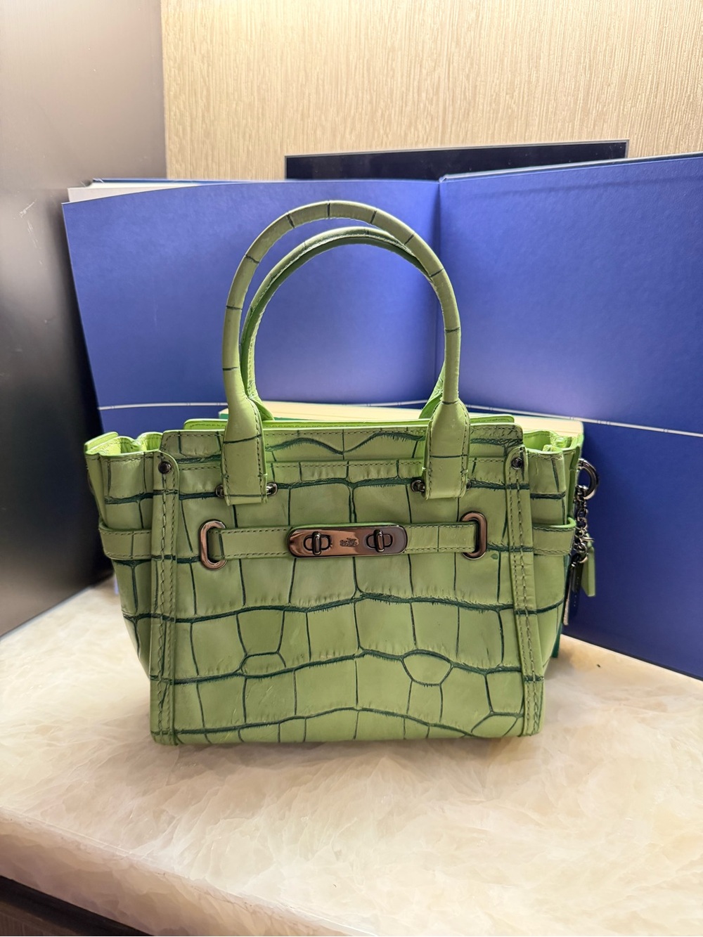 Coach Swagger 21 Exotic Green Croc-Embossed Structured Top-Handle Satchel